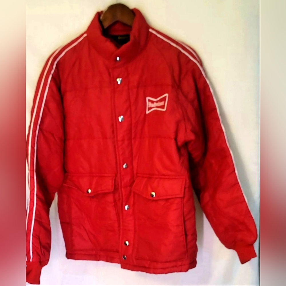 Vintage Red Budweiser Swingster Coat Piped Nylon Puffer Unisex Zip Jacket M